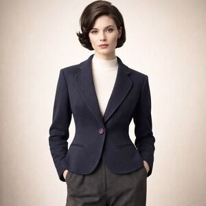 Vtg 60s BUTTE KNIT Navy Blazer WPL 5442 Purple Bullseye Buttons MCM Career M